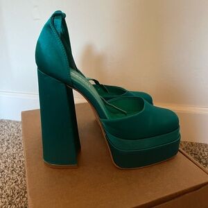 Teal satin platform heels